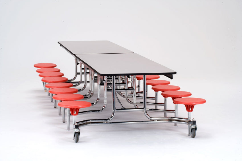 NPS Mobile Cafeteria Table - 30" W x 12' L - 16 Stools - MDF Core - Protect Edge - Black Powdercoated Frame - SchoolOutlet