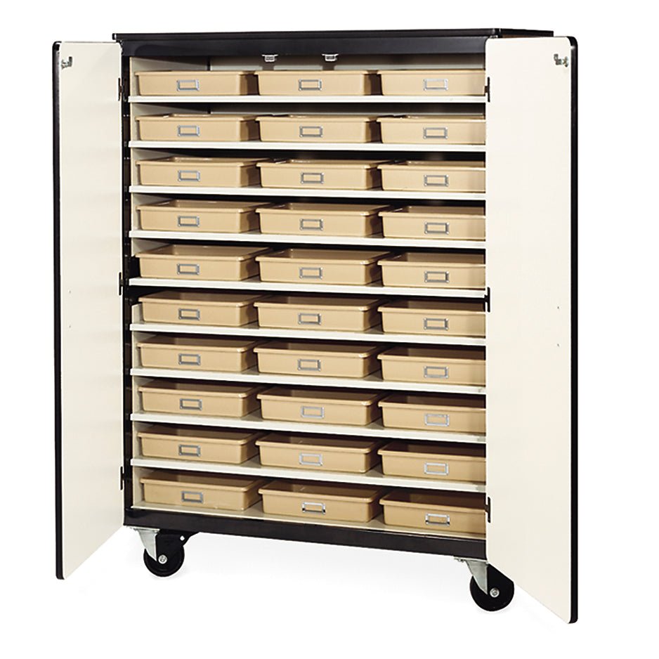 Virco 2501-30TTMMB - Mobile Storage Cabinet With Ten Steel Shelves, 30 Tote Trays, 2 Hinged Doors, Magnetic Marker Back - 48"W x 28"D x 66"H (Virco 2501-30TTMMB) - SchoolOutlet
