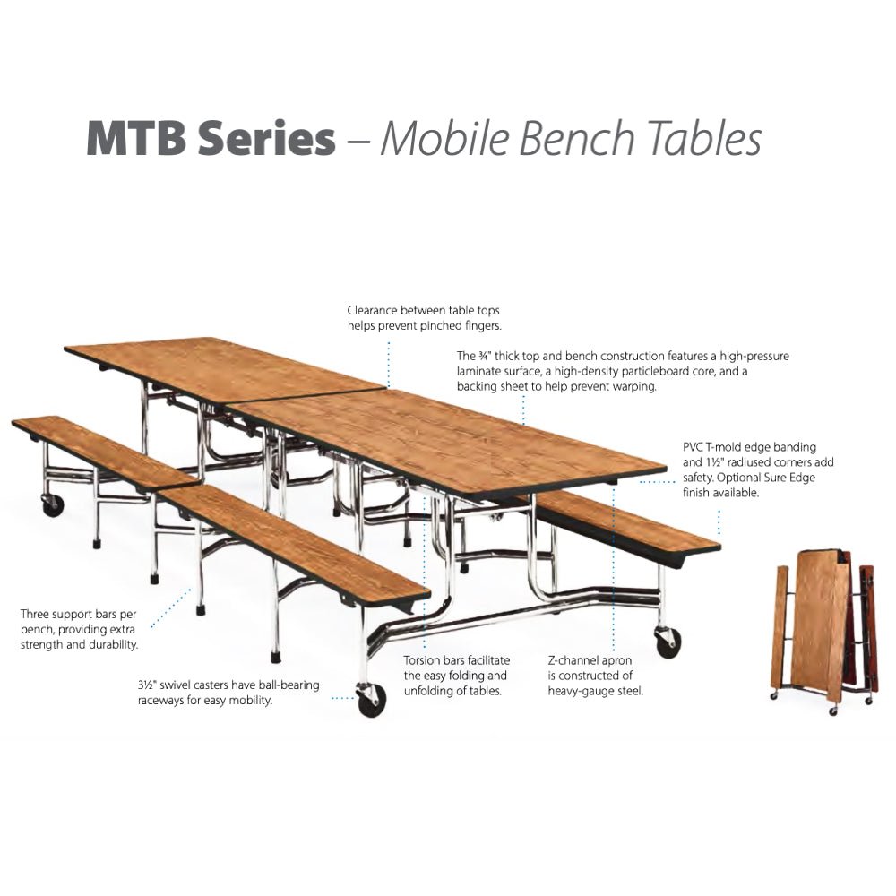 Virco MTB152712AEB - Mobile Bench Cafeteria Table 15"H x 12'L Bench Sure Edge, 27"H x30"W x 12'L (Virco MTB152712AEB) - SchoolOutlet