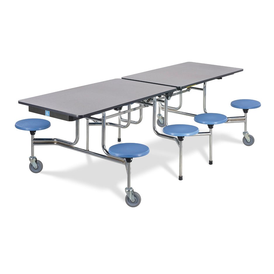 Virco MTS193188W - ADA Compliant Rectangle Mobile Stool Cafeteria Table - T-mold Edge - 19" Seat Height - 8.5'L - 8 Stools - SchoolOutlet